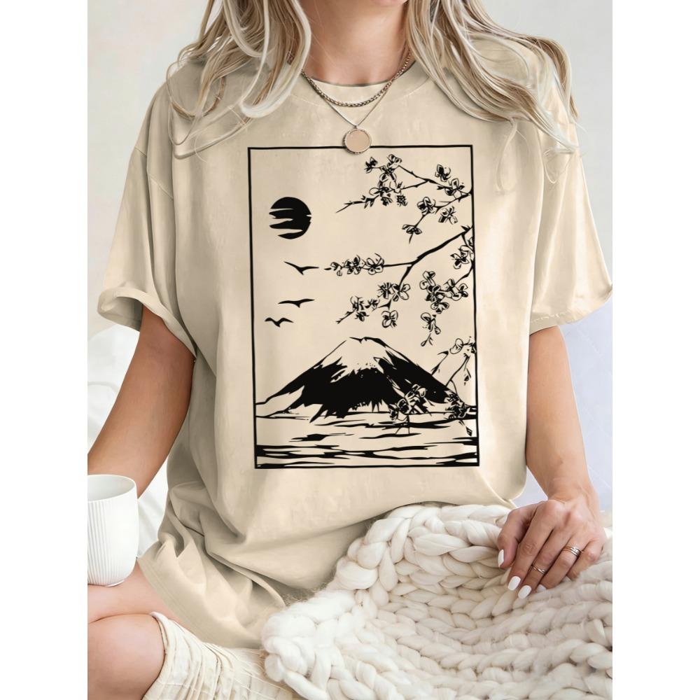 Cherry Blossoms In Mount Fuji Print Women T Shirts Summer Hip Hop Short Sleeve Cotton Y2K Oversized Clothes T-Shirt