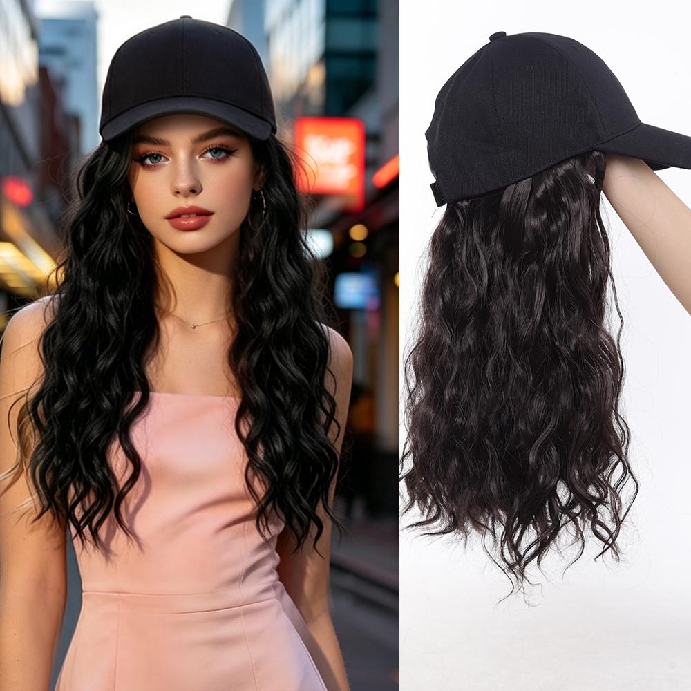 Synthetic Wig Hat with Natural Wave Hair Extensions Attached for Woman Baseball Cap Wig Black Curly Wavy Hairstyle Adjustable