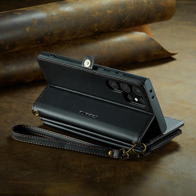 Custodia di Lusso in Pelle per Samsung S24 FE S23 Ultra S22 S21 Plus S20 S25 A16 A17 A57 A55 A35 A54 A34 S26 Tracolla con Cordino Portafoglio con Zip Slot per Carte Copertura