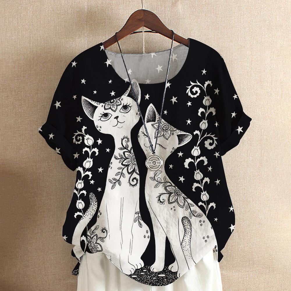 Maglietta da donna con gatto dei cartoni animati, camicetta Harajuku, scollo a V, manica corta, oversize, casual, pullover, estate, magliette carine, abbigliamento femminile
