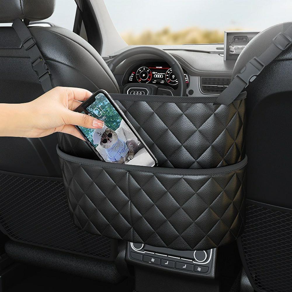 Dual Pocket Design Car Seat Storage Bag Embroidery PU Leather Hanging Organizer Between Back Seats