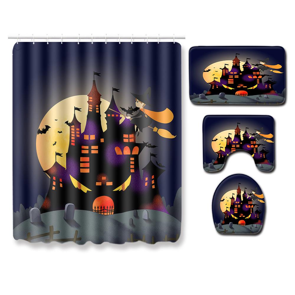 Halloween Shower Curtain Floor Mat Combination Four-Piece Set Bathroom Toilet Carpet Shower Room Foot Mat