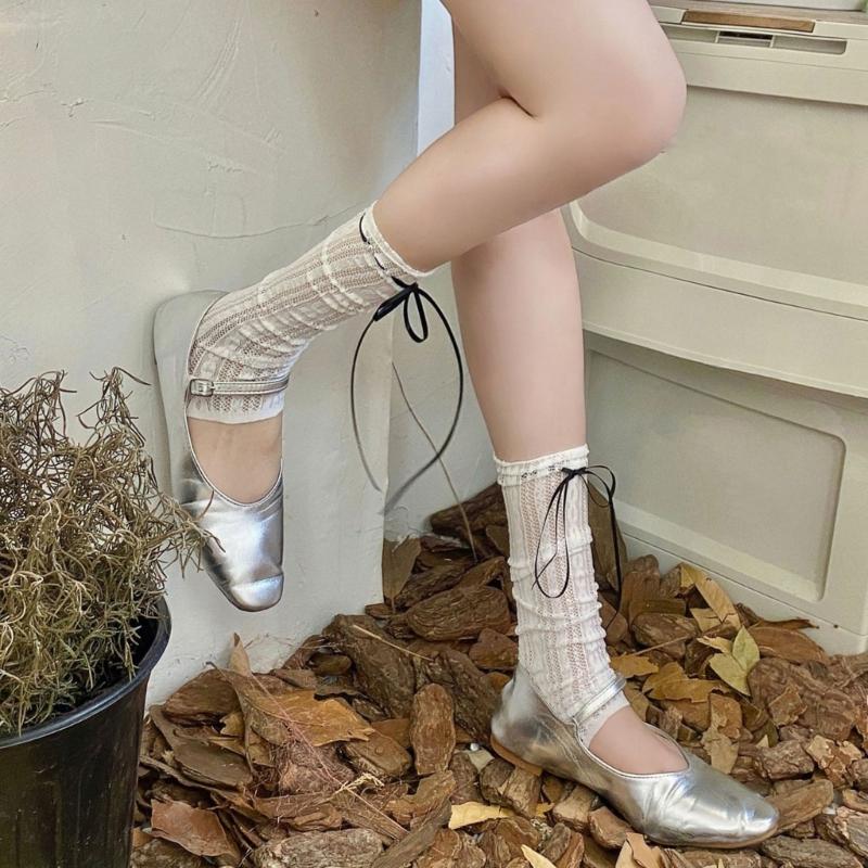 Womens Girls Summer See Through Striped Lace Leg Warmer Cute Ribbon Bowknot Lightweight Leg Cover Long Socks Stockings
