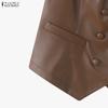 ZANZEA Women Casual V-Neck Sleeveless Faux PU Leather Cardigan Vest