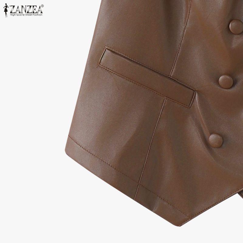 ZANZEA Women Casual V-Neck Sleeveless Faux PU Leather Cardigan Vest
