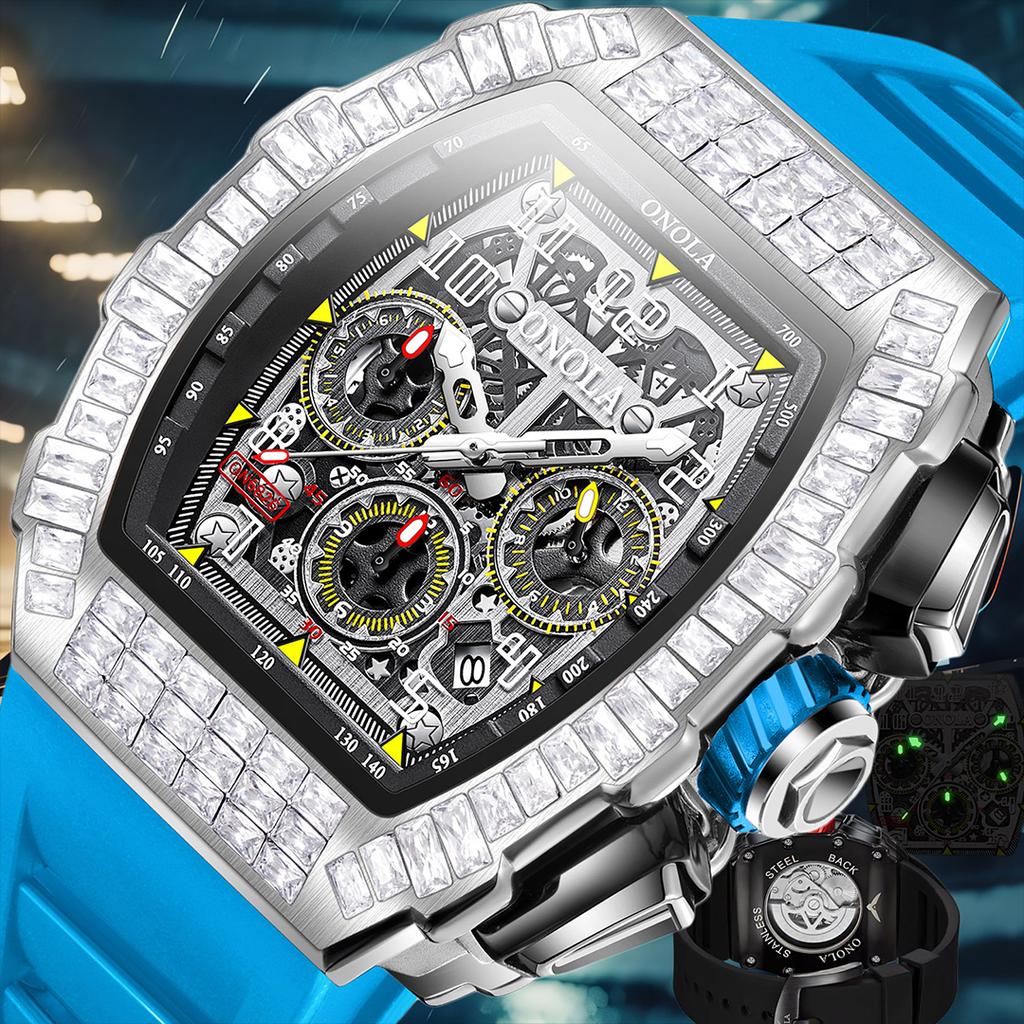 Men's Fashion Full Diamond Automatic Luminous Mechanical Watch Multi Functional Three Eye Calendar Dial Sports Watch