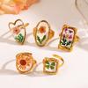 Dried Flower Resin Statement Ring Stainless Steel 18K Gold Plated Adjustable Rings Unique Geometric Frame Band for Women
