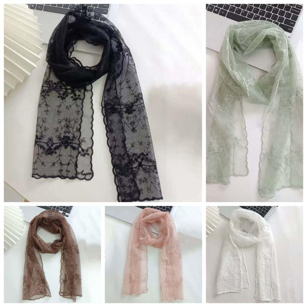 Breathable Spring Silk Scarf Polyester Long Hijab Scarf Headband Embroidered Flower Shawl  Vacation