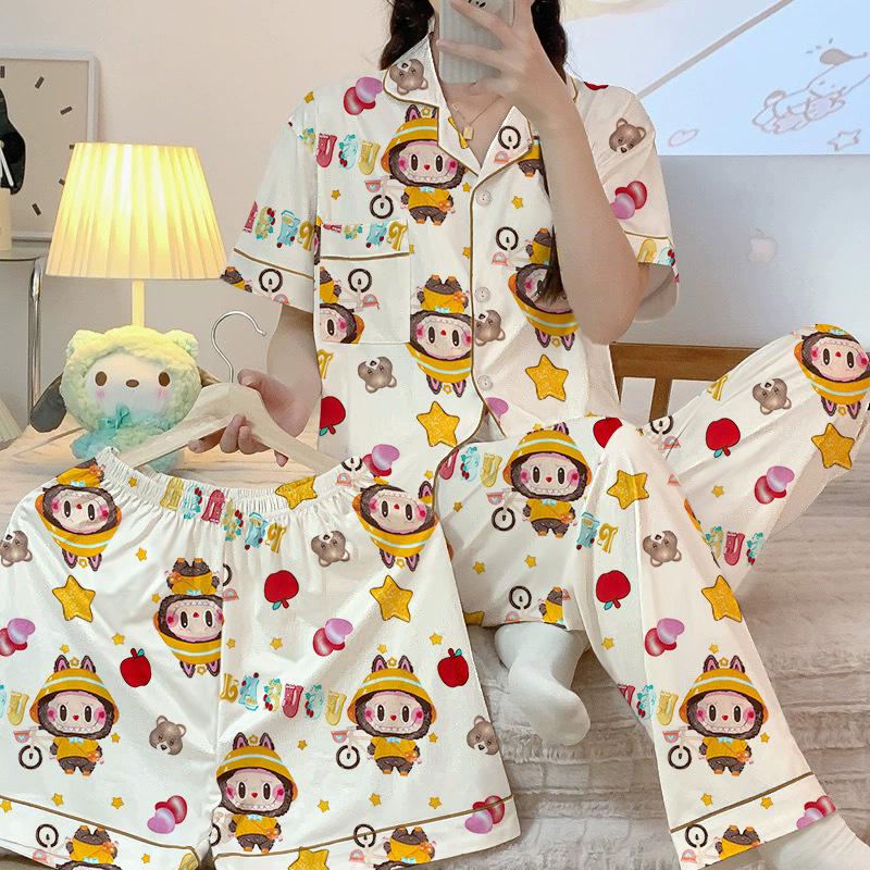 Sweet Girl Spring And Summer Short-Sleeved Pajamas Three-Piece Set Cute Cartoon Loose And Comfortable Loungewear