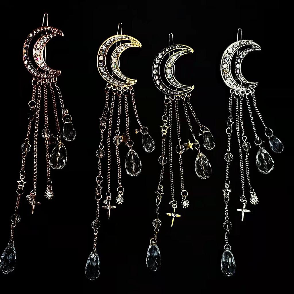 European & American Fashion Crescent Crystal Moon Tassel Hairpin for Women