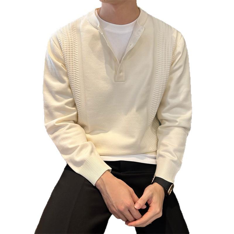 Men's Henley Neck Long Sleeve Knit Sweater: Lightweight British Style for Autumn/Winter