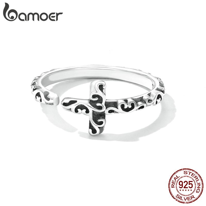 Bamoer Vintage Cross Open Ring 925 Sterling Sliver Embossed Patterns Finger Adjustable Size 5-9 Rings For Party Jewelry