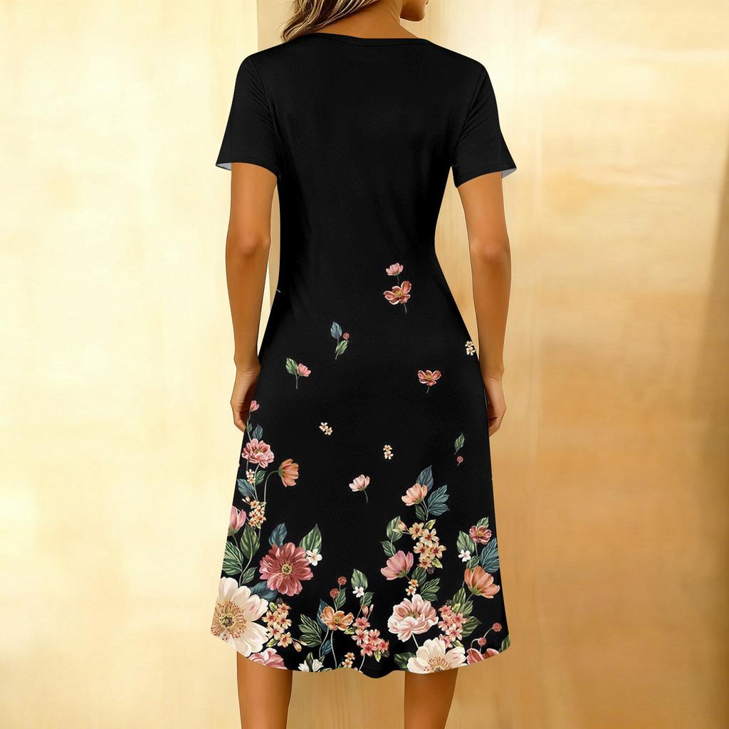 Modna damska sukienka retro z nadrukiem, okrągłym dekoltem, krótkim rękawem, zapięciem na guziki, o średniej długości, codzienna