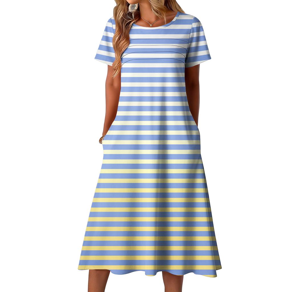 Ladies' striped printed casual and fashionable short sleeved round neck dress