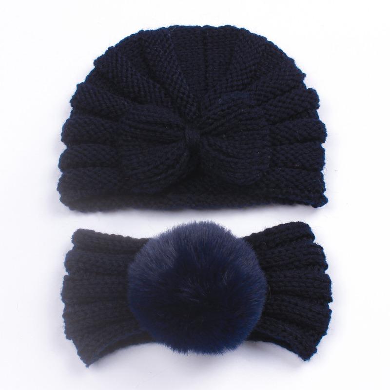 New children's winter warm headscarf hat set, baby bow pullover hat, baby headband