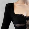 Autumn Winter Retro Black Square Neck Lace Patchwork Long Sleeve Women's Top