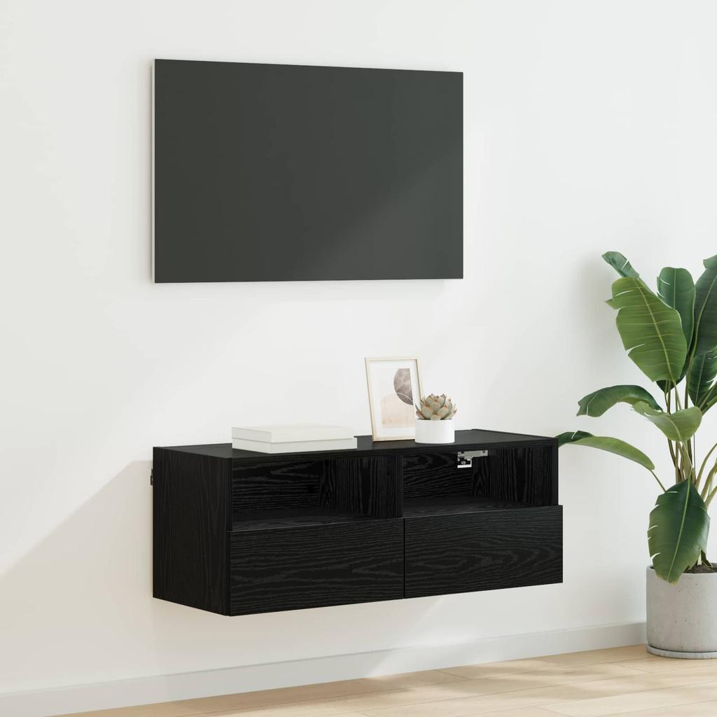 TV Wall Cabinet Black Oak Look 80 X 30 X 30 Cm