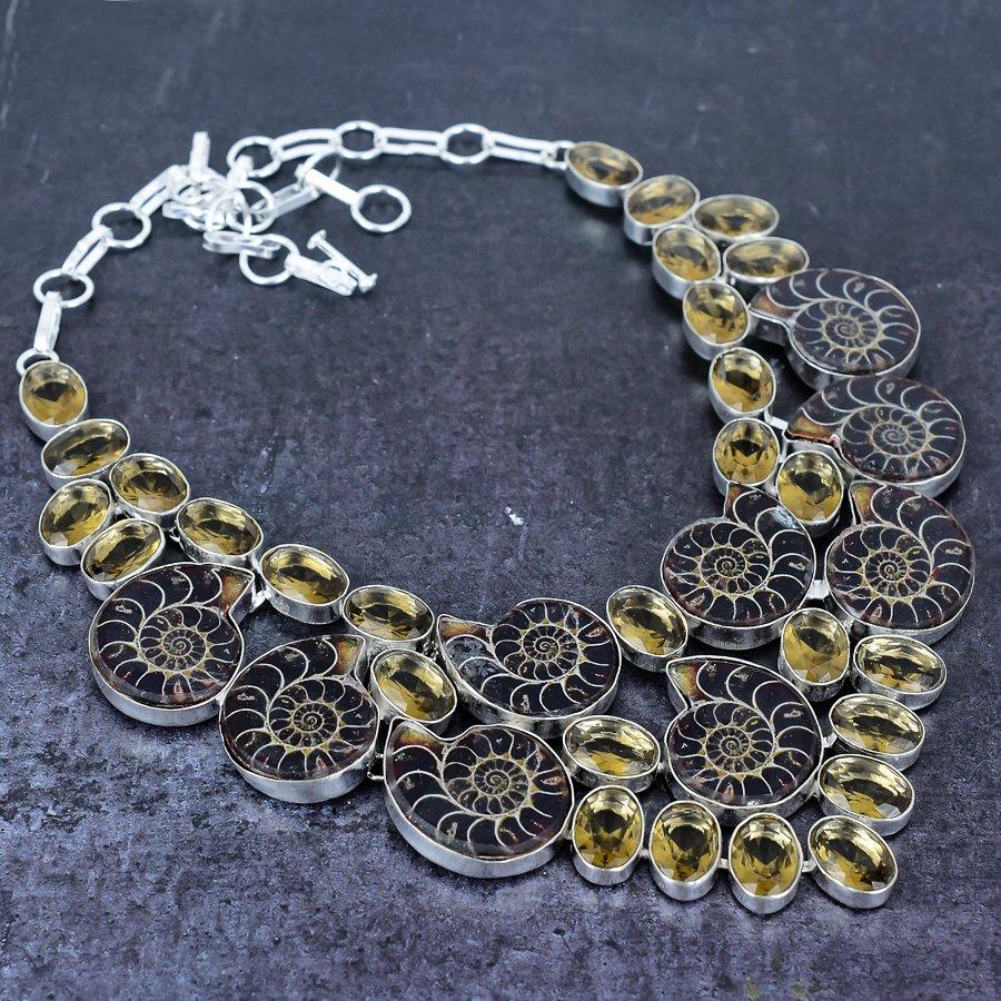 Ammonite Fossil, Topaz Gemstone 925 Sterling Silver Jewelry Necklace 18"