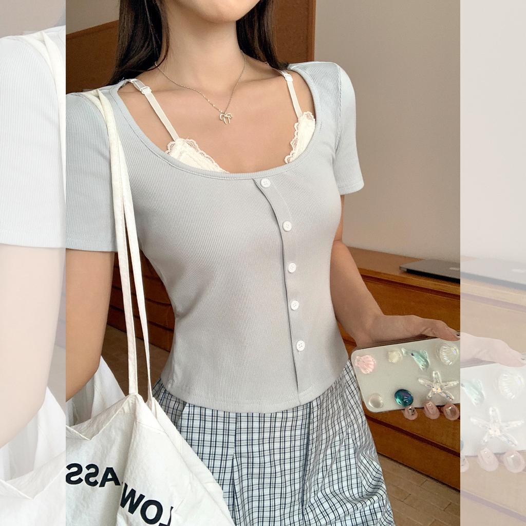 Design Lace Splicing Fake Two-piece Unique Short-sleeved T-shirt Women's Summer Beauty Slim-fitting Clavicle Top