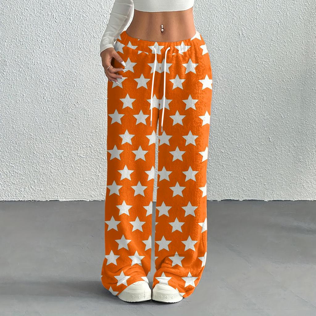 Women's Casual Fashion Printed Elastic Waist Loose Straight Leg Pants With Rope