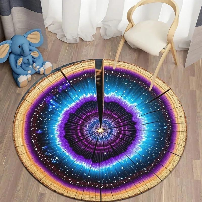 Natural Retro Tree Ring Slice Round Rug Collection Colorful Wood Grain Pattern Carpet For Living Room Kids' Room Decor