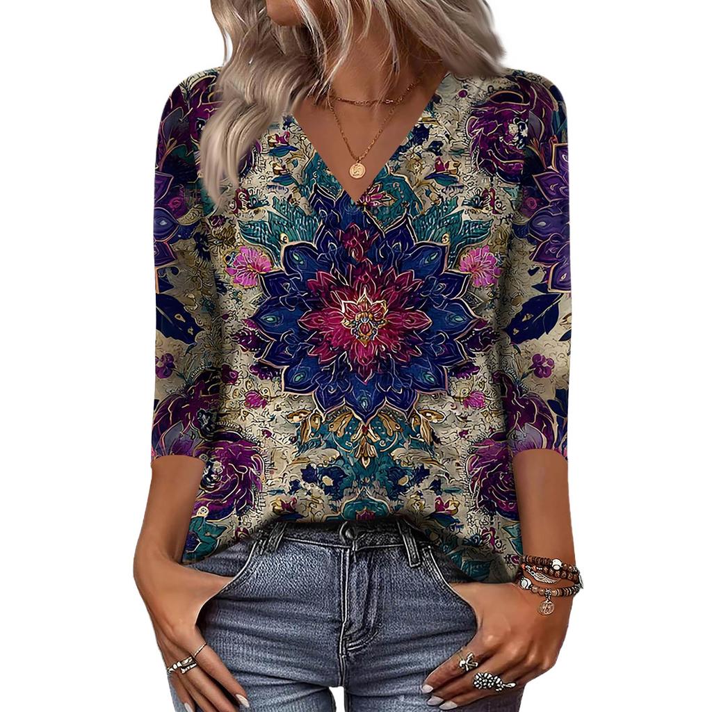Women's 3/4 Sleeve Shirts V Neck Print Tops Casual Tops Basic Tees Blouse Loose Tops