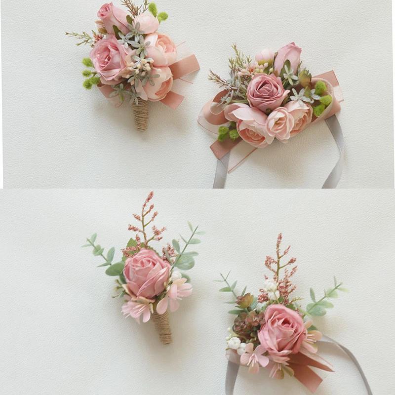 6pcs Pink Corsage Boutonniere Set for Bride Groom Bridesmaids Groomsmen Wedding Cerenony Homecoming Prom Suit Flowers