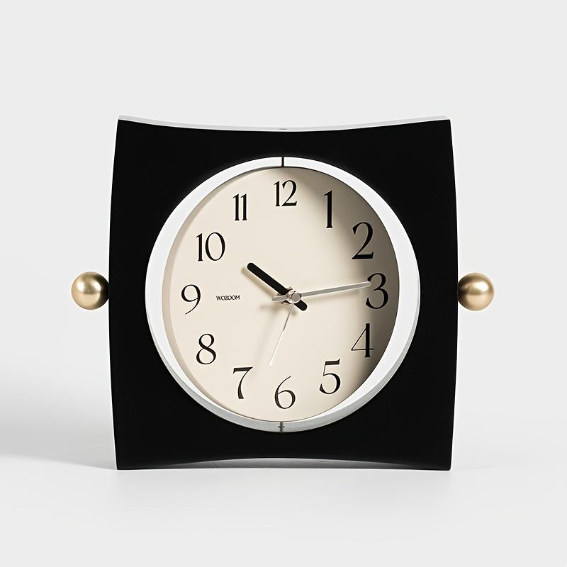 Unique Square Wall Clock with Curved Appearance, Metal Ball Decorations, Rotatable Dial, Beige Face with Black Numbers, Silent Operation, Wooden Frame
