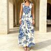 Urban Casual Floral Sleeveless Floor-Length Dress,Fresh Blue & White Lightweight Flowy,Stylish for Daily,Party,Travel