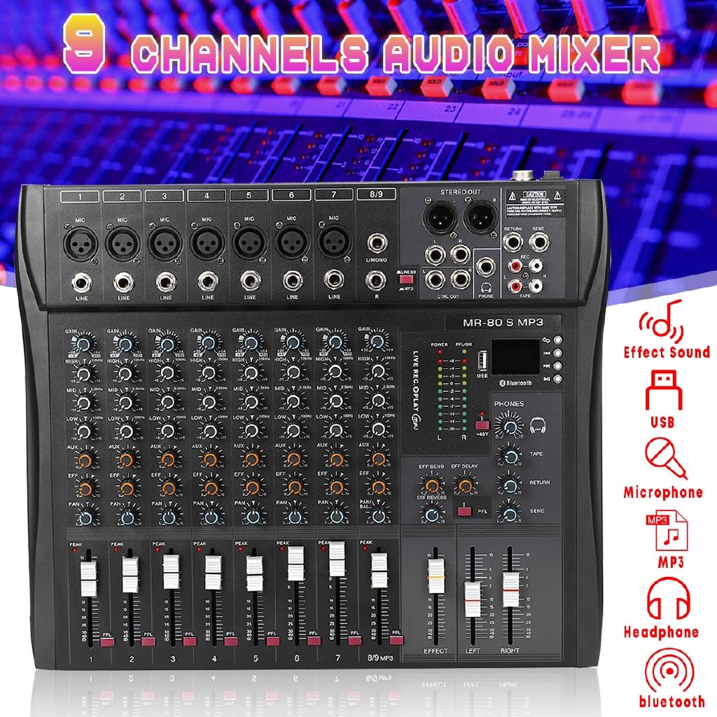 9 Channel Professional Console Studio Audio Mixer USB Bluetooth DJ Sound Mixing for Family KTV Meeting Campus Speech