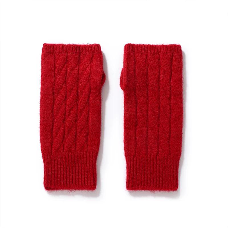 Women's Winter 100% Wool Twisted Short Fingerless Gloves Warm Knitted Half-Finger Sleeves Solid Color Hiking Wrist Guards