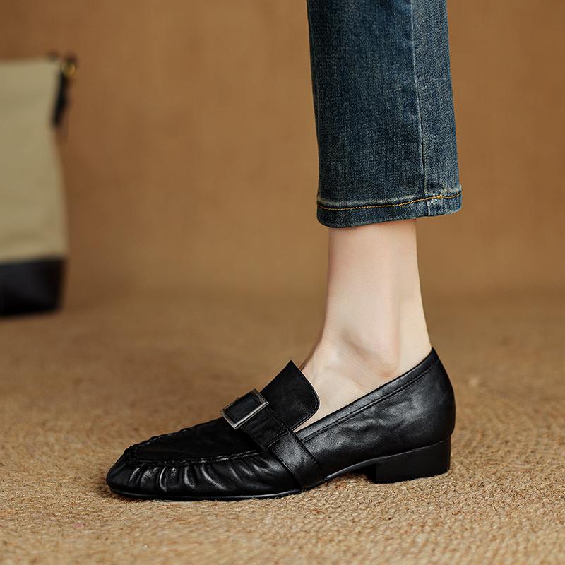 Krazing Pot Cow Skin Spring Summer Size 40 Loafers Thick Low Heels Pleated Decoration Women Round Toe Leisure Pumps