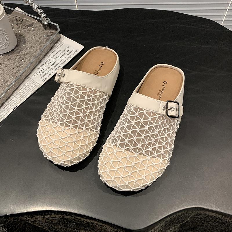 Flat-bottomed bag head half slippers women's summer 2025 new outer wear woven mesh breathable one pedal lazy half slippers