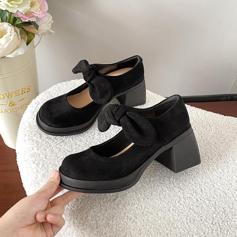 Suede college wind waterproof table Mary Jane shoes round head soft sole high heel bow suede thick heel light mouth single shoes women