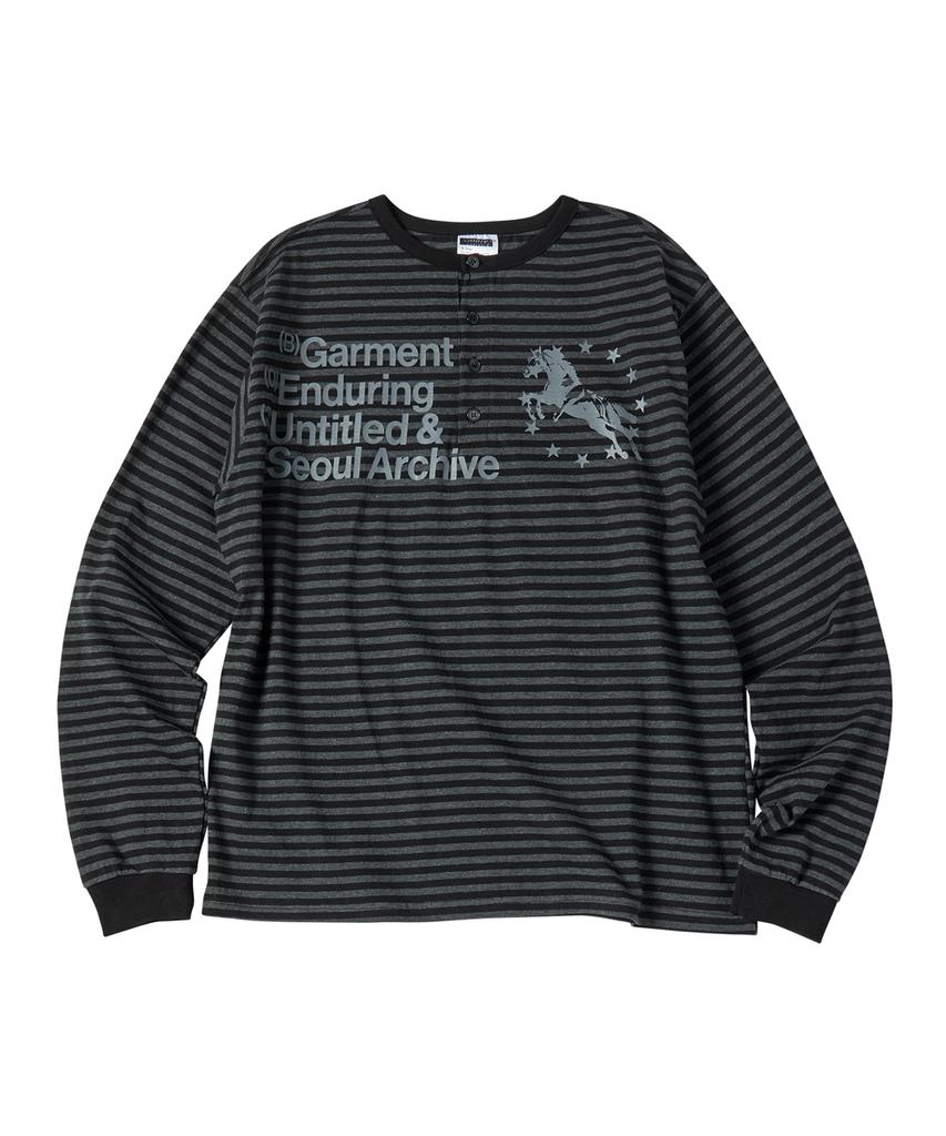 Eontaiteulseoul Unicorn Small Stripe Henley Neck Long Sleeve Black