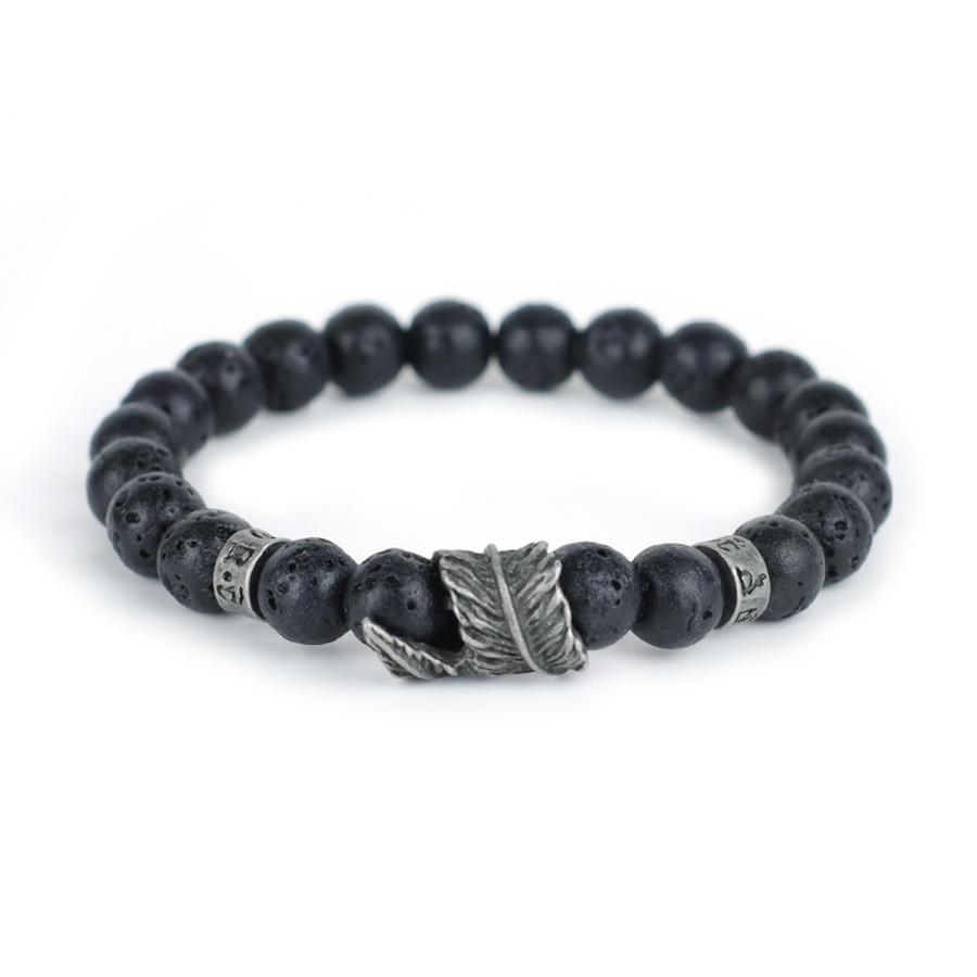 Vintage Feder Armband für Männer Sanskrit Mantra Armband Yoga Meditation Heilung Armband 8mm Lava Onyx Stein Kette Brazalete