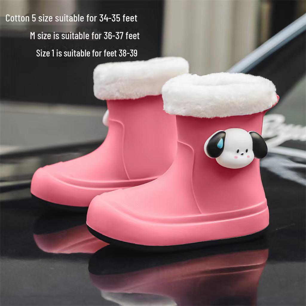 Women's Cute Korean Cartoon Non-Slip Waterproof Rain Boots with Velvet and Cotton for Warmth - Short Tube Outdoor Footwear