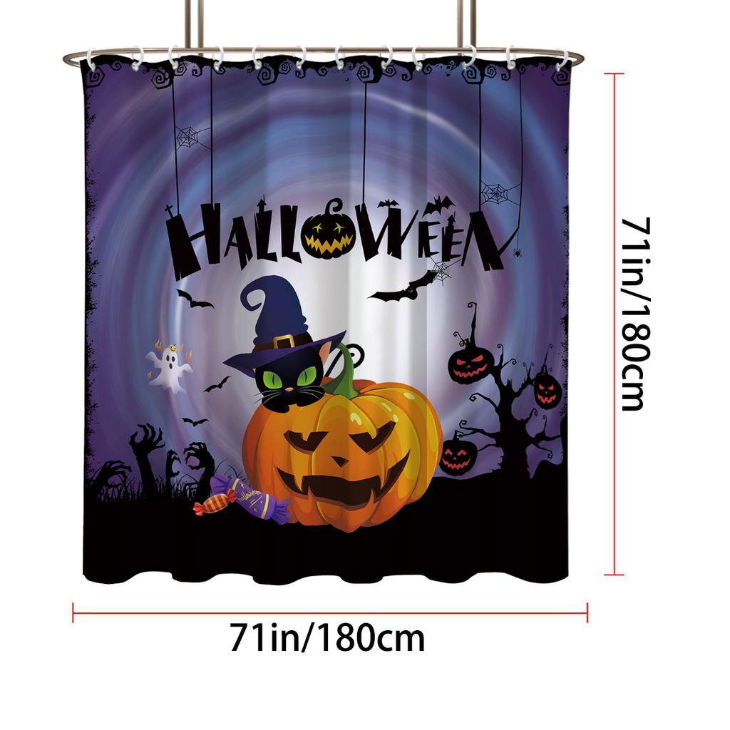 1pc Halloween Pumpkin Print Waterproof Shower Bathe Partition Privacy Hanging Curtain 12 Hooks Multiple Sizes Easy Installation