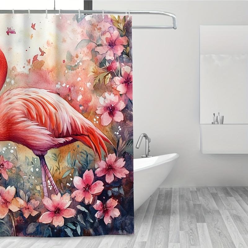 1PC Vibrant Watercolor Flamingo Shower Curtain, Pink Flowers,  Durable Polyester, Easy Clean, for Bathroom & Window Decor
