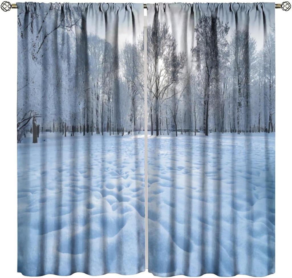 Winter Forest Curtain Natural Landscape Snow Covered Tree Window Curtains Living Room Bedroom Kitchen Office Cafe Blackout Polyester Ideal For Great