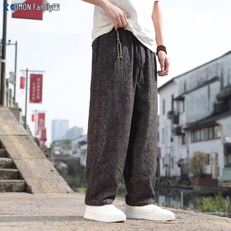 ROMON Men's Chinese Style Cotton Linen Harem Ankle Pants