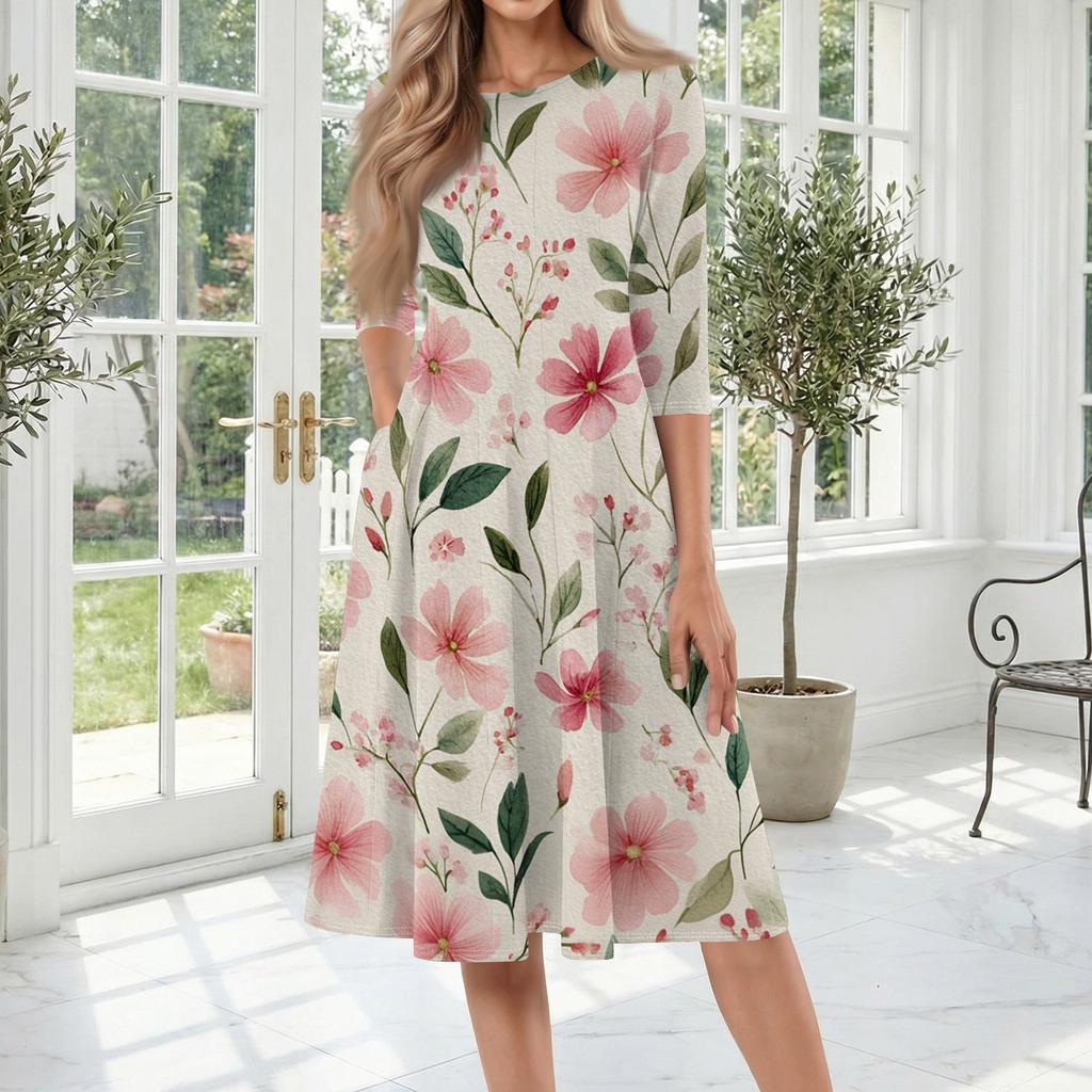 Women’s Casual Crew Neck Three Quarter Sleeve Floral Print Midi Dress Loose Fit Mid Length Everyday Dress