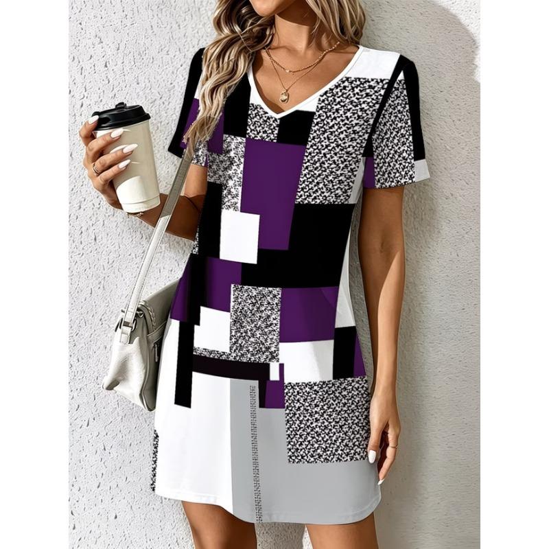 Ladies Summer V-Neck Short Sleeve Casual Dress Fashion Colorful Geometric Print Dress Elegant Women's Clothing