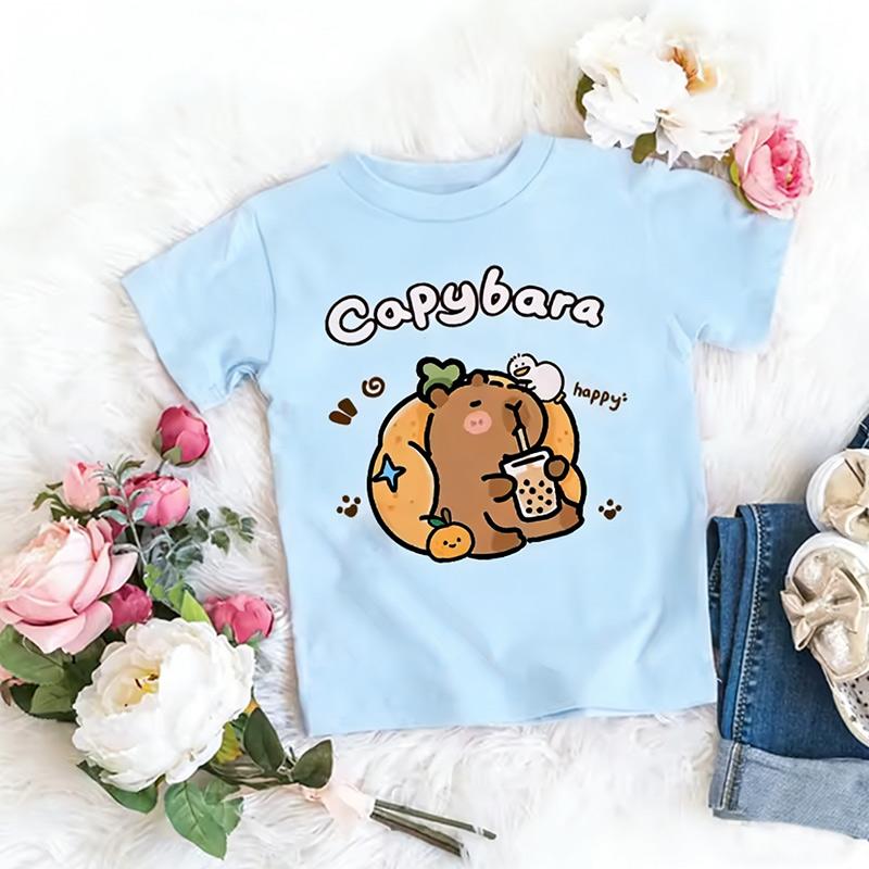 Girls Trendy Capybara Letter Print Design T Shirts Kids Children's T-shirt Boys Girls Summer Spring Casual Tops Tee