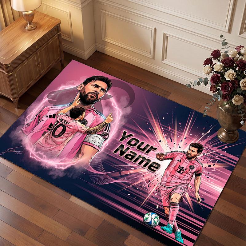 Lionel Messi Individueller Kristall-Samt-Teppich, Personalisierter Namens-Textdruck, Fußball-Logo Weiche rutschfeste Fußmatte Heimdekoration Geschenk