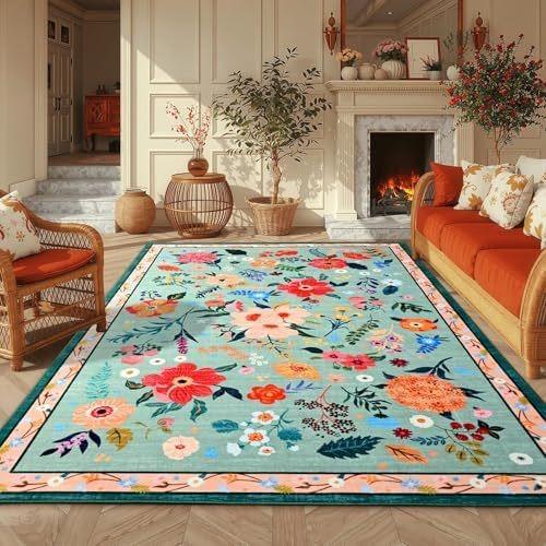 Tappeto Floreale Rosa Fiori Stampati Lavabile Piccoli Tappeti con Supporto per Decorazione Camera da Letto Bambina Area Giochi Bambini Tappetino Antiscivolo