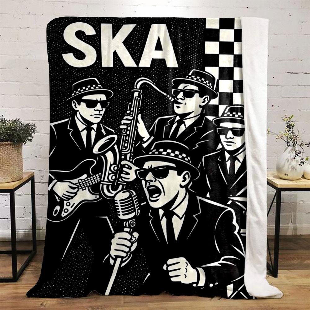 Black-and-white ska-themed band illustration with checkered patterns. for all seasons blanket lunch break throw gift
