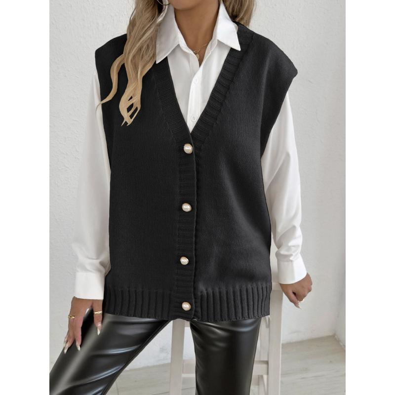 

Женский топ Осень Зима Жилет Женский Жемчужные пуговицы Свободный Повседневный Кардиган Свитер Жилет Free size чёрный