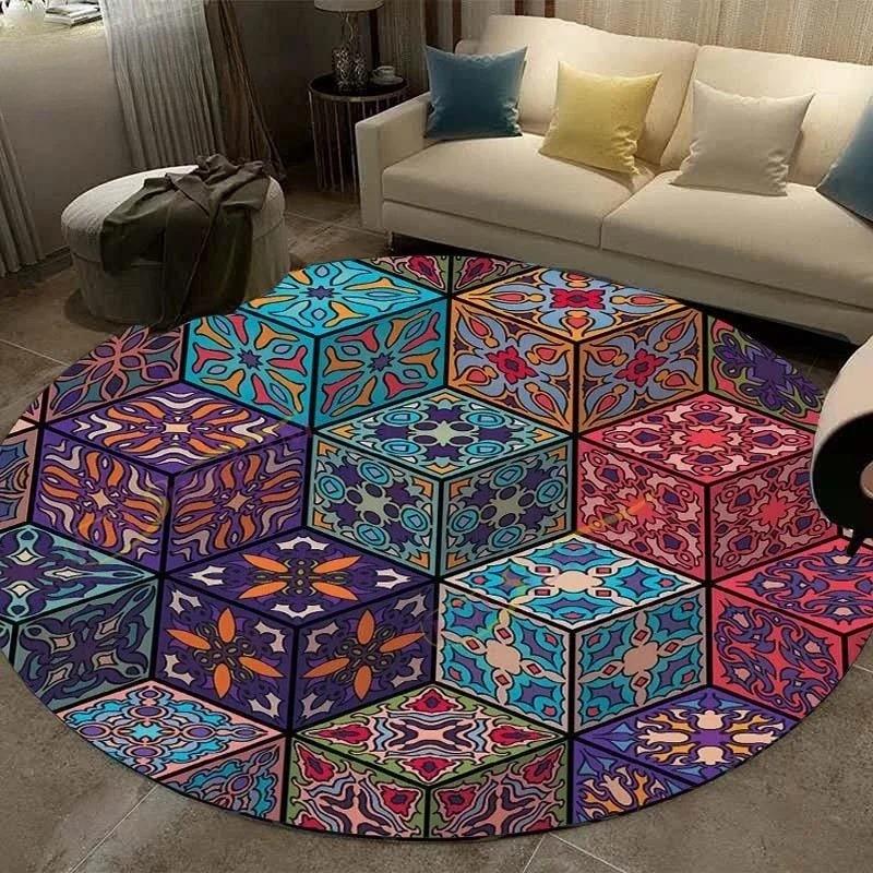 Retro Manhattan Round Printed Carpet Geometric Flower Area Carpet Rugs for Bedroom Washroom Floor Mat Carpets for Living Room