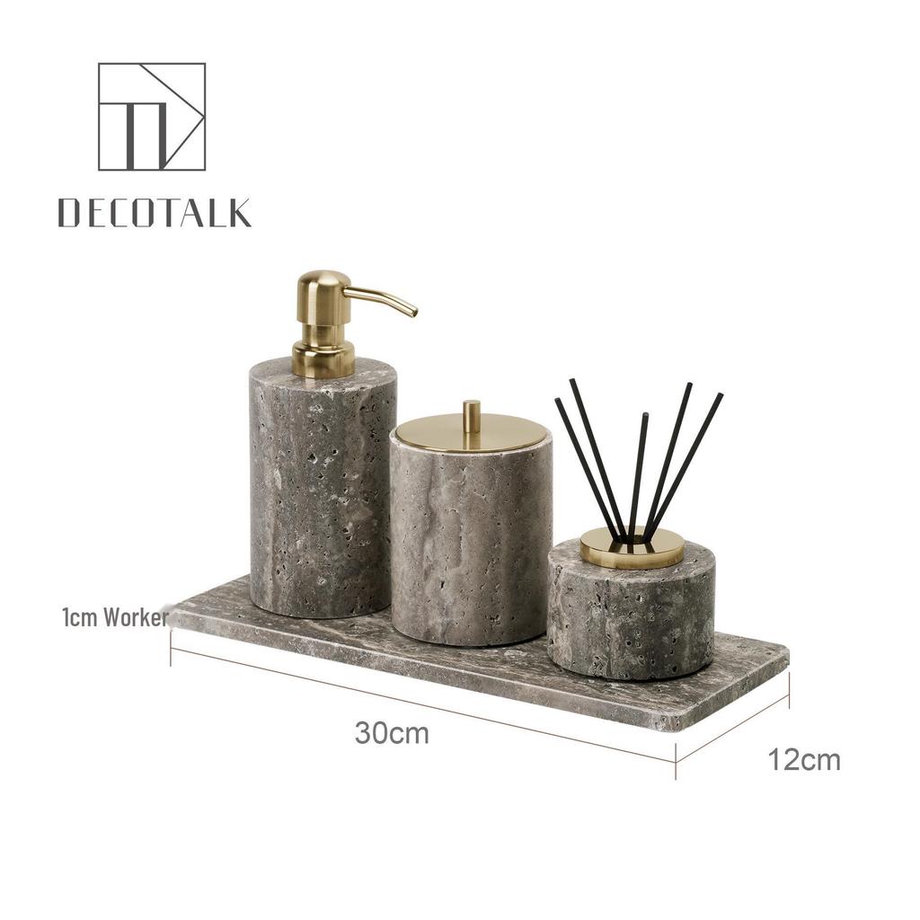 Set da Bagno Travertino Grigio Argento Wabi-Sabi: Vassoio e Decorazione per Lavabo.